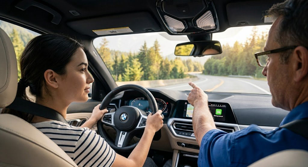 Driving instructor guiding a student on a North Vancouver road